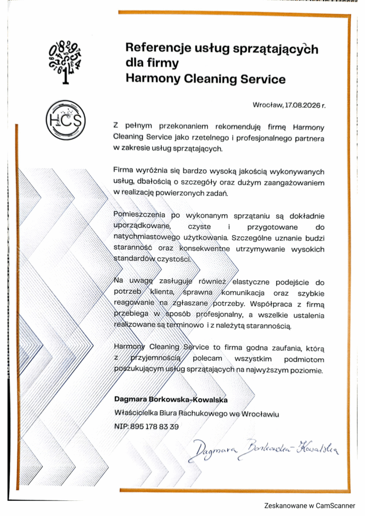 Pisemne referencje klienta potwierdzające jakość usług Harmony Cleaning Service